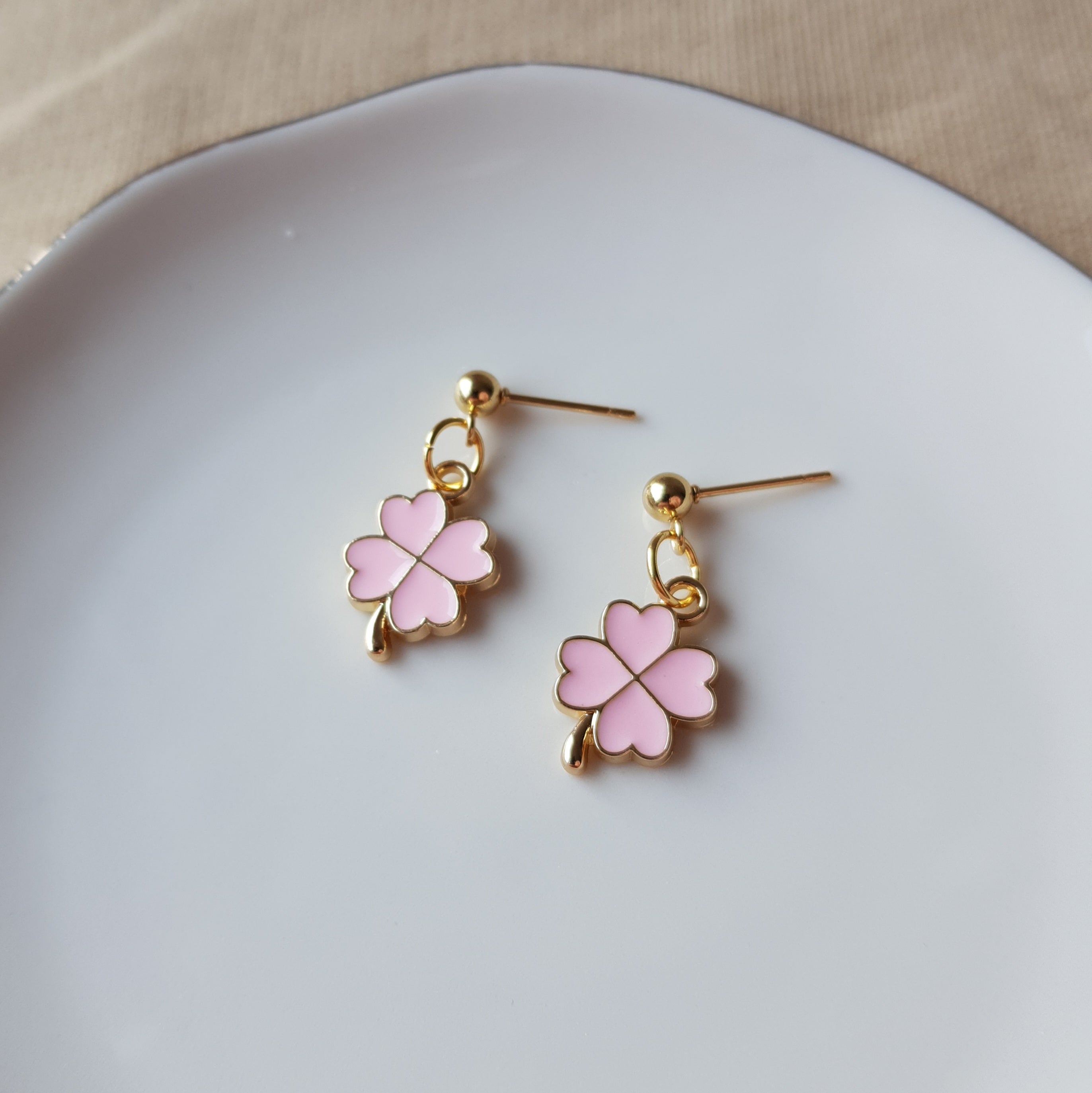 Pink four leaf clover earrings