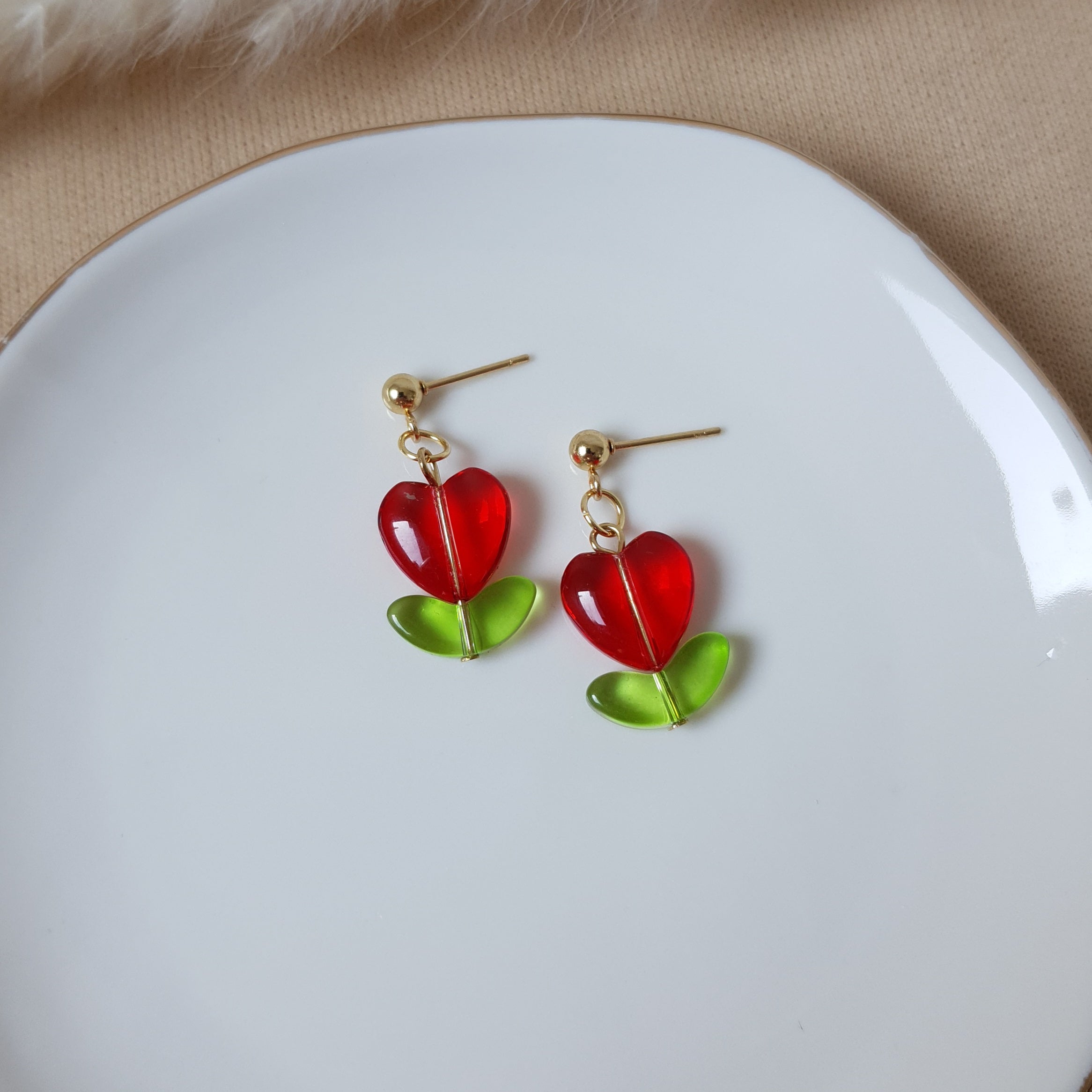 Red heart flower earrings