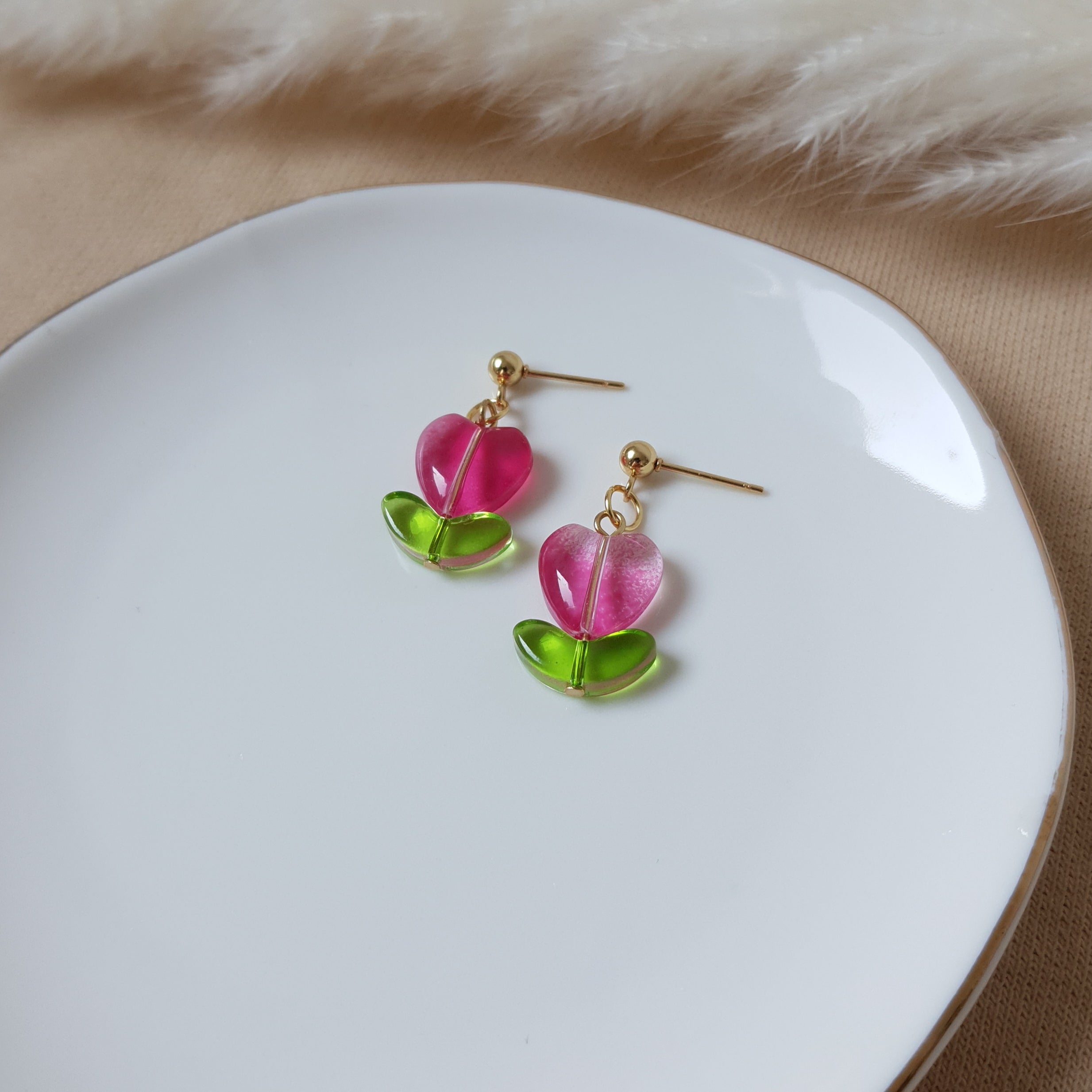 Pink heart flower earrings