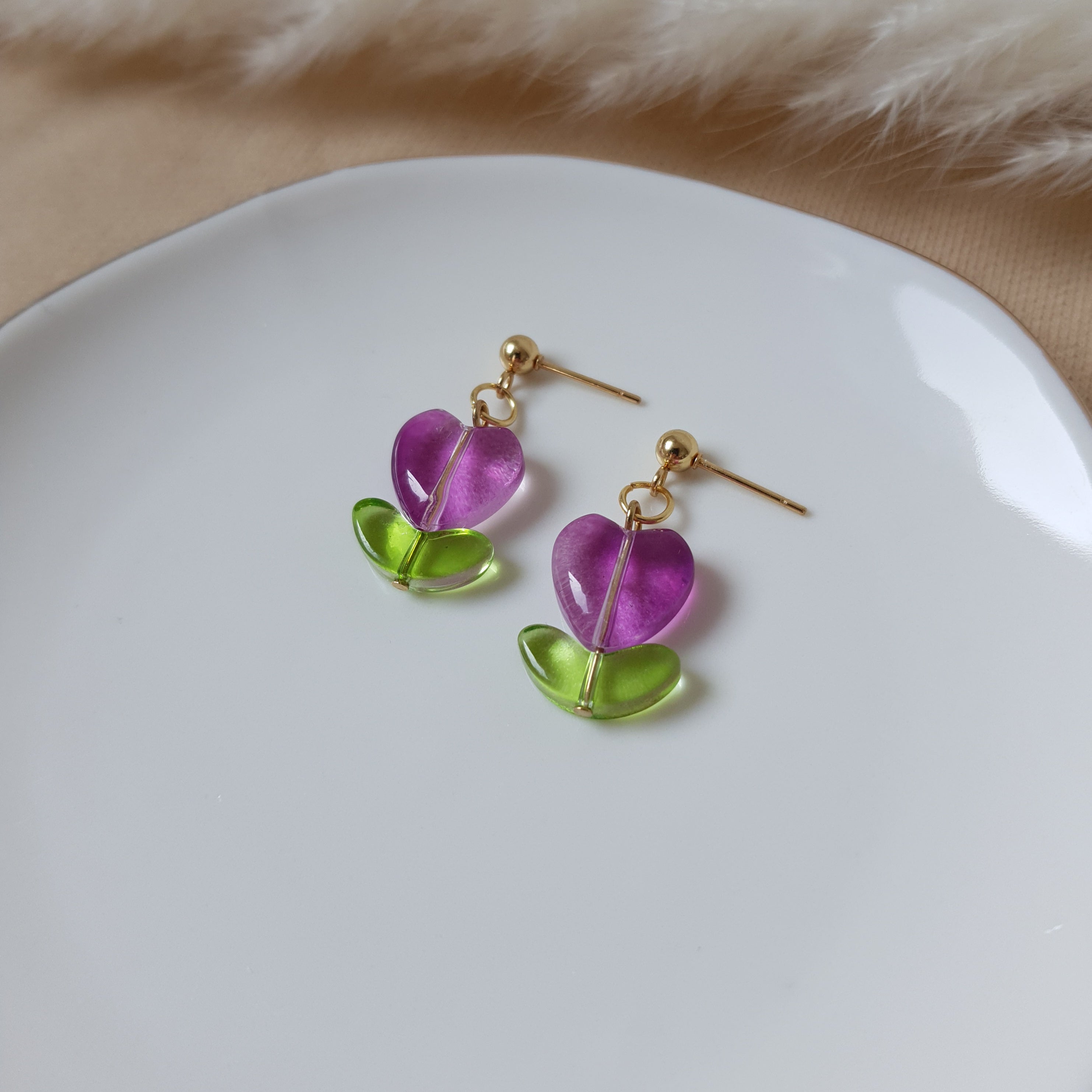 Purple heart flower earrings