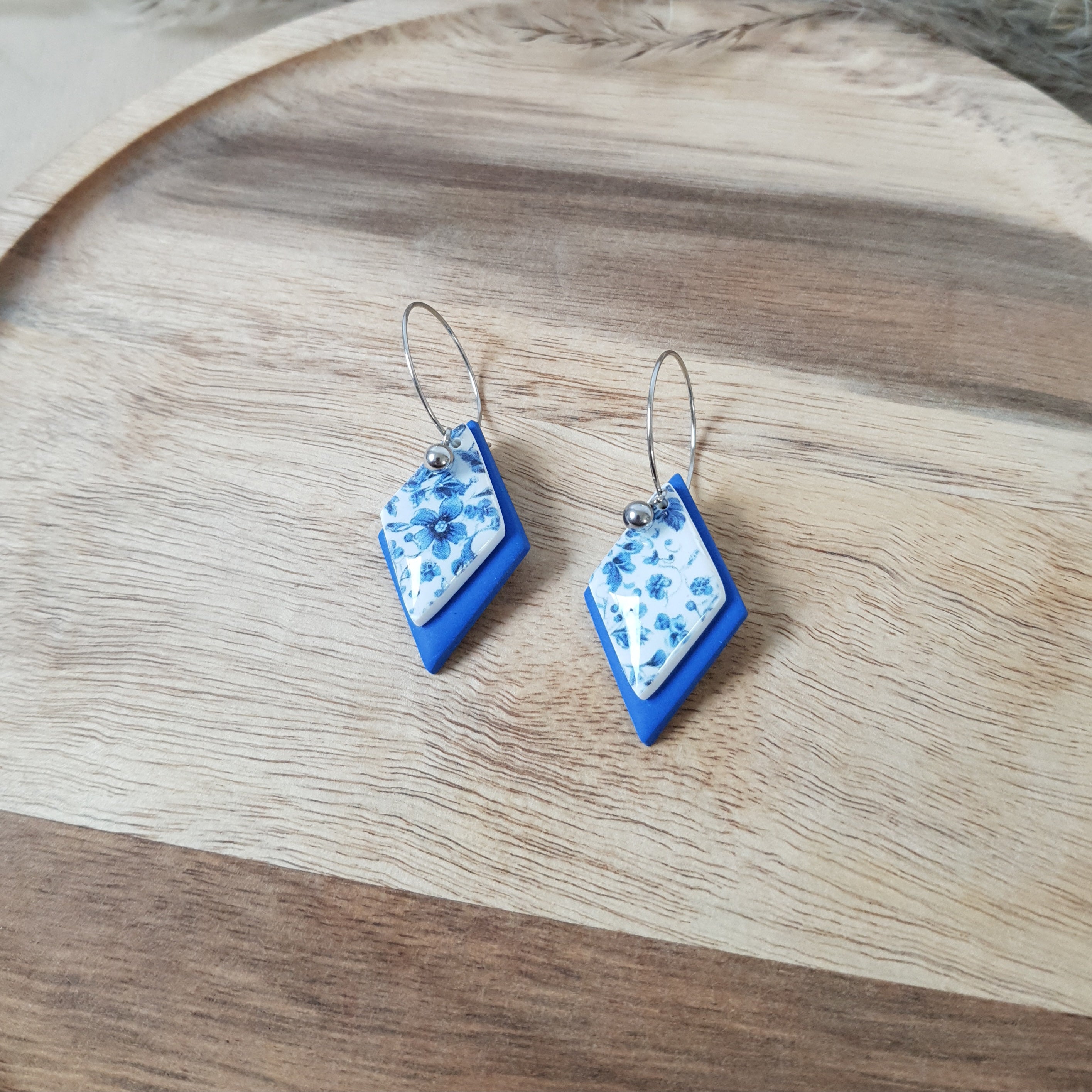 Blue and floral hoop earrings