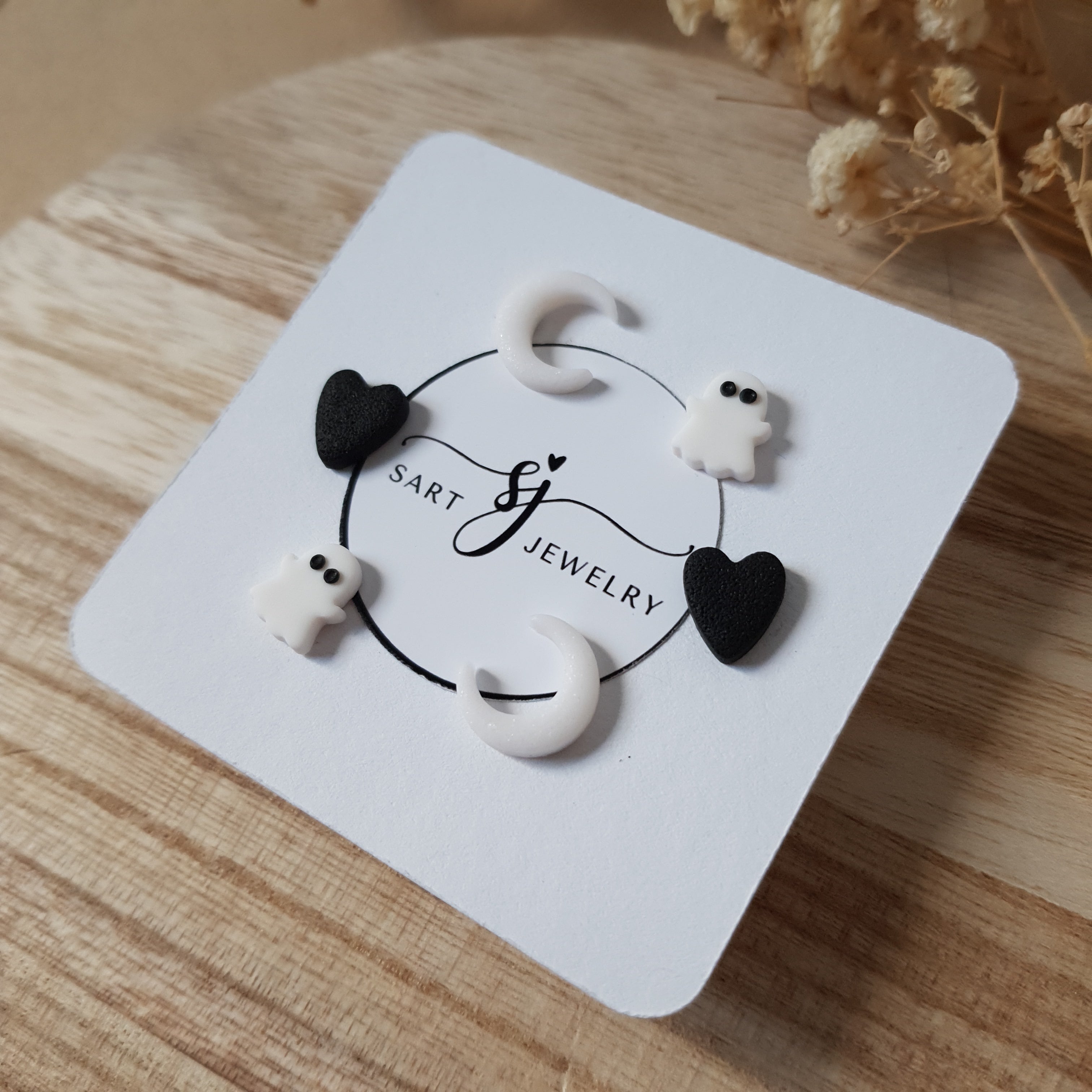 Moon ghost and heart earrings